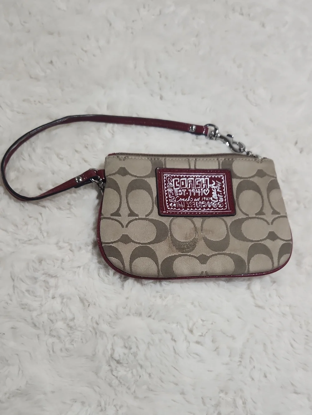Coach Signature Canvas Wristlet with Burgundy Trim